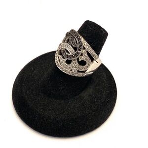 Sterling Silver Pave Rhinestone Yin Yang Ring Wide Band Size 6